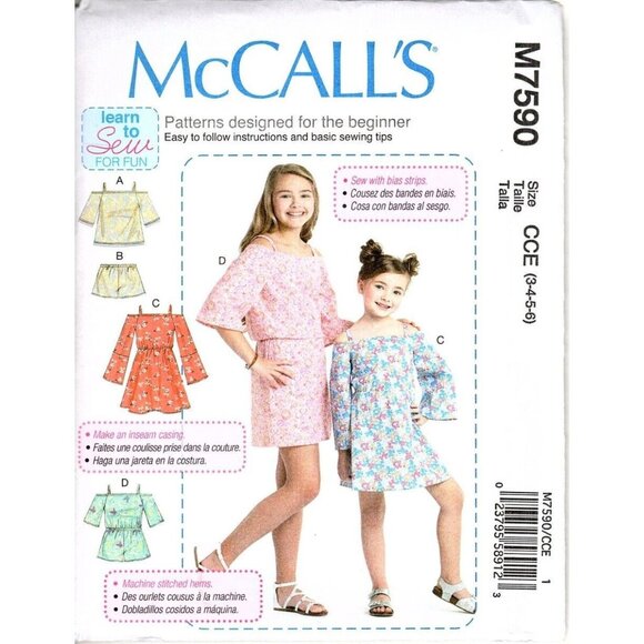 McCalls M7590 Girls 3 to 6 Top Shorts and Romper Uncut Sewing Pattern New - Picture 1 of 2